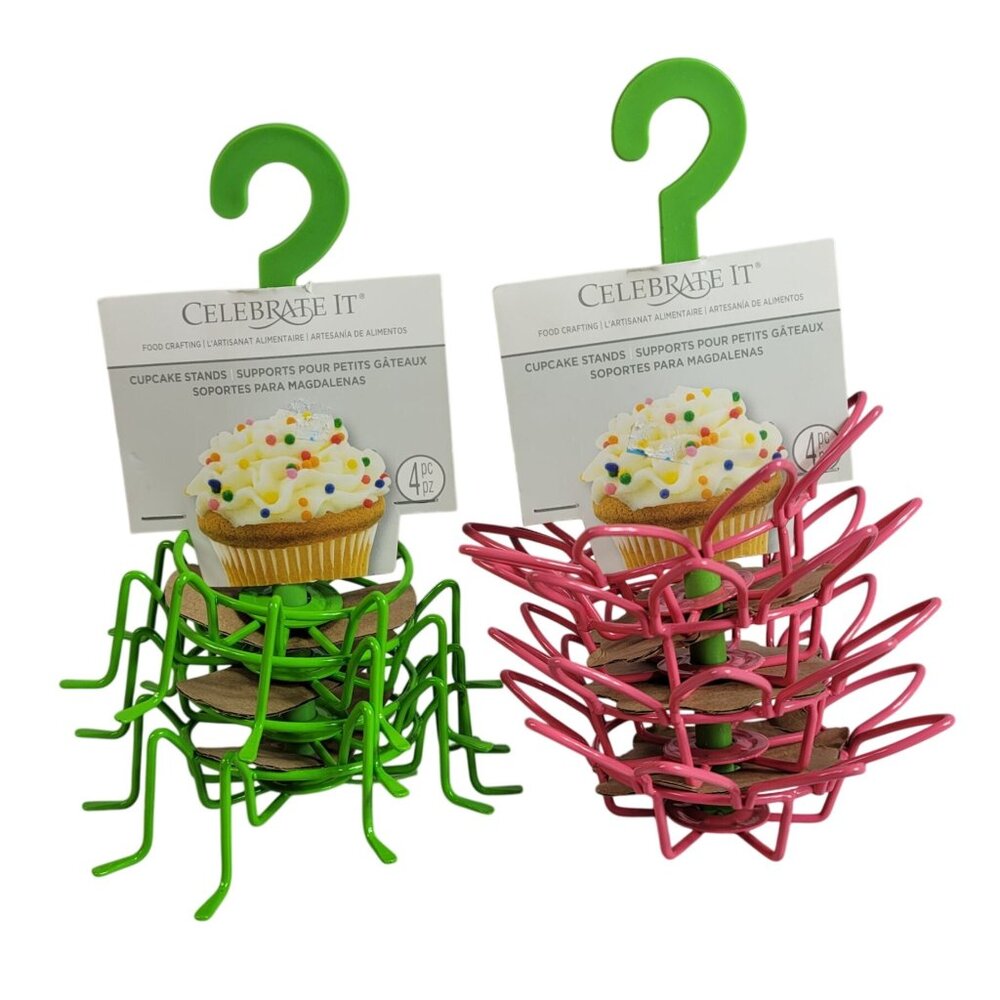 Celebrate It Cupcake Stands Pink Green 4 PCS Lot of 2 Flowers Spring Easter NEW